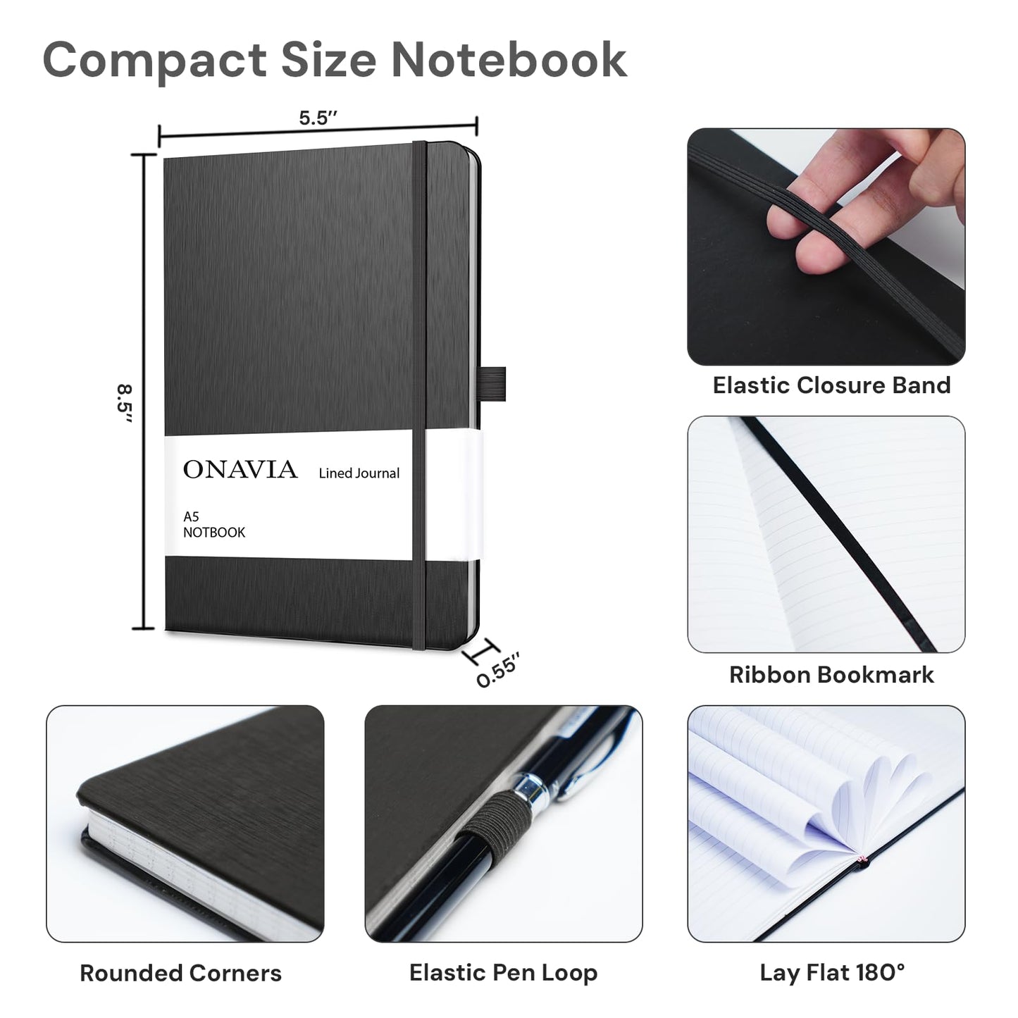 ONAVIA A5 College Ruled Notebook 3 Pack, Hardcover Lined Journals for School Notes, Study, Homework, Class Writing and Journaling, 160 Pages (80 Sheets), 5.8 x 8.3 in, Black