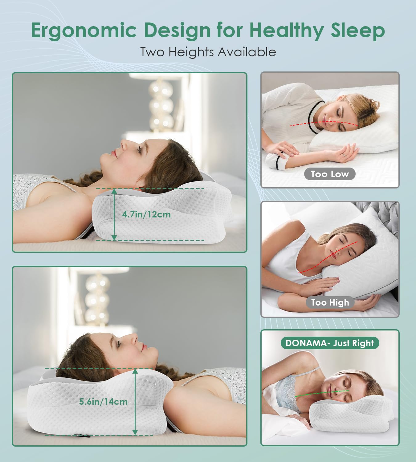 DONAMA Cervical Pillow for Neck and Shoulder,Contour Memory Foam Pillow,Ergonomic Neck Support Pillow for Side Back Stomach Sleepers with Pillowcase