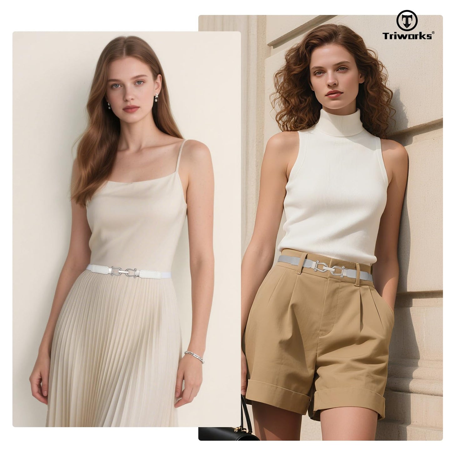 TRIWORKS 4 Pack Skinny Elastic Belts for Women Silver Buckle Thin Stretchy Waist Belts for Dresses