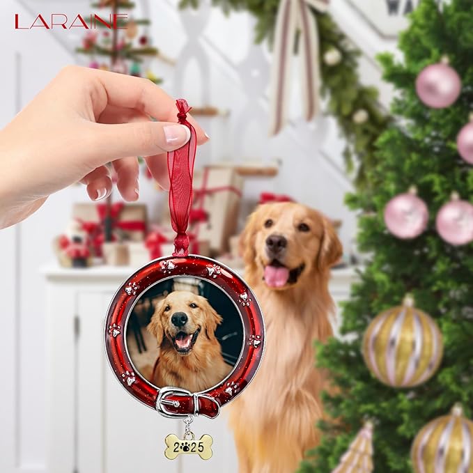 Laraine Christmas Tree Ornaments – Decorative Hanging 2025 Holiday Keepsake Gift Dog Pendant with 2.5” Photo Frame Insert for Picture of Pet (Dog Red (2025))