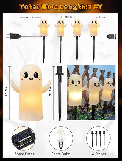 4 Pack Halloween Ghosts Pathway Marker Lights, 7Ft Outdoor Halloween Pathway String Lights with 4 White Ghost Stakes Lights, Extendable Walkway Lights Waterproof for Yard Porch Lawn Sidewalk Garden
