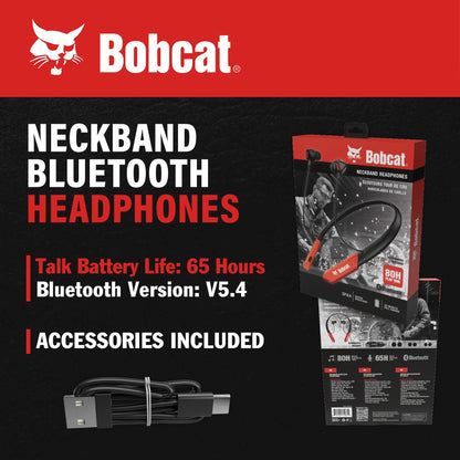CJ TECH Bobcat Neckband Bluetooth Headphones - Earphones with Microphone, 80H Battery, Fast Charging - IPX4 Sweatproof Sports Headphones for Running, Jobsite, Gym, and Workout