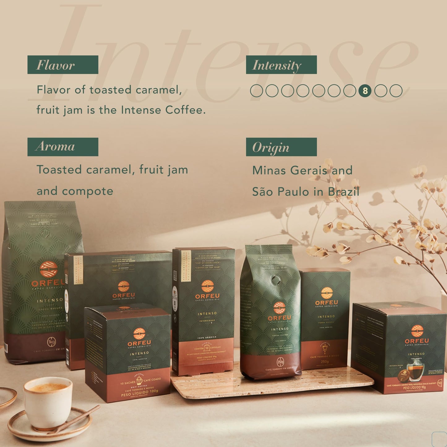 ORFEU - Special Coffee Intense - 100% Arabica Coffee, Dark Roast, Aroma of Toasted Caramel & Fruit Jam, Low Acidity, Made In Brazil, Velvety Body - 250g, 8.8oz