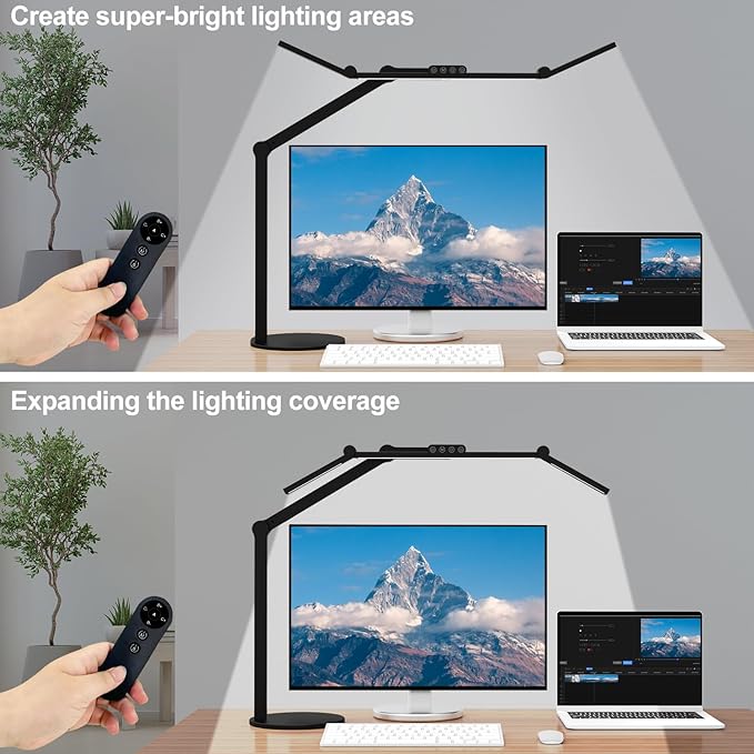 Micomlan Architect Desk Lamp with Remote Control, Adjustable Led Desk Light for Home Office with Base, 24W Bright Auto Dimming Table Light Rotatable Office Lamp with Swing Arm for Computer Cafting