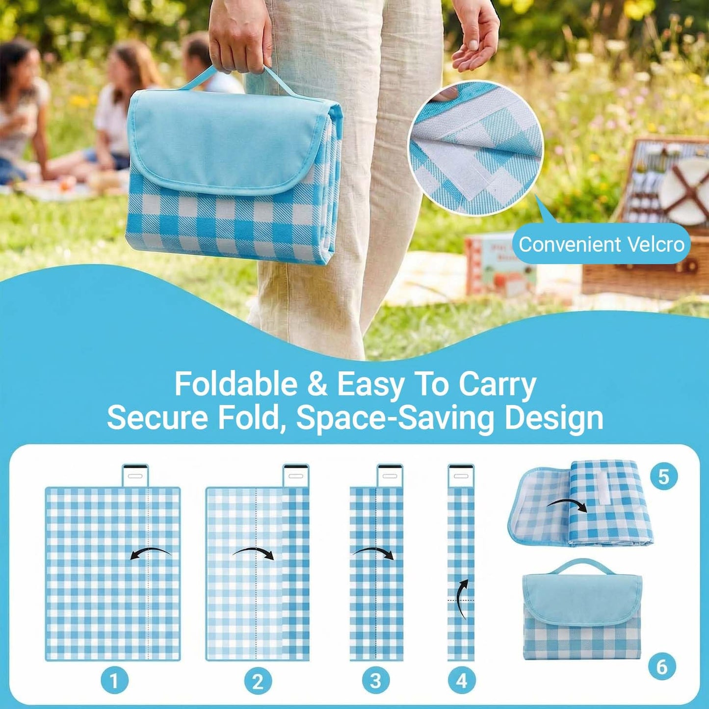 FMLIUY Waterproof Foldable Picnic Blanket Outdoor with Carry Strap,80"X60" Extra Large Beach Blanket Sandproof,Portable Soft Gingham Picnic Mat for Camping Travel Hiking Family Concerts Park(Blue)