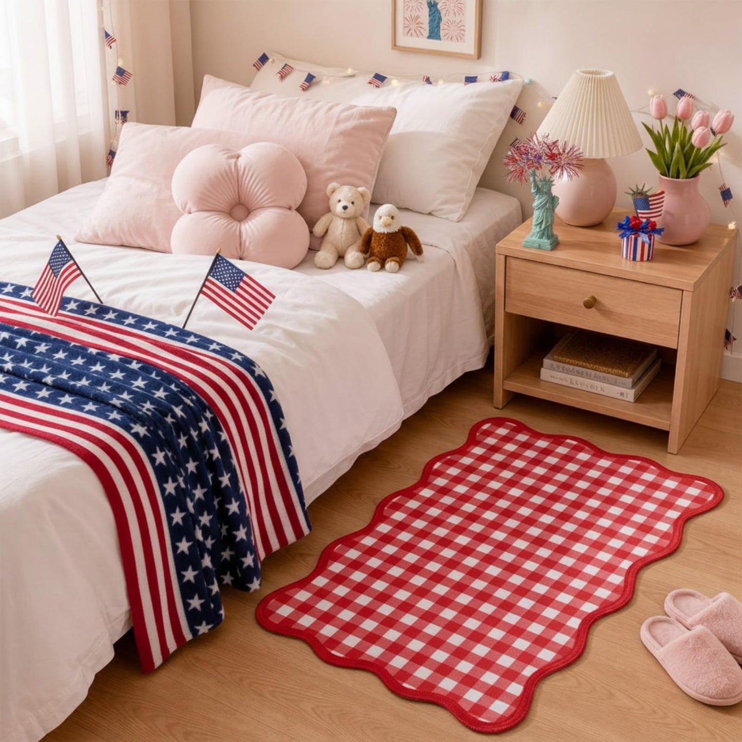 Breling Red and White Scalloped Plaid Entryway Rug 16.5 x 27.5 Buffalo Checkered Indoor Mat Washable Non-Slip Gingham Door Rug for Entryway Entrance Bedroom Kitchen Living Room Decor