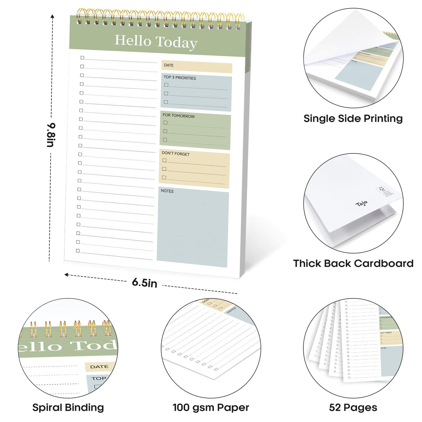 Taja To Do List Notepad - To Do List Notebook for Work with 52 Sheets, 9.8" x 6.5", Undated Daily Planner Perfect for Daily Tasks and Goal Setting, Notepad Suitable for Office, Home & School - Green