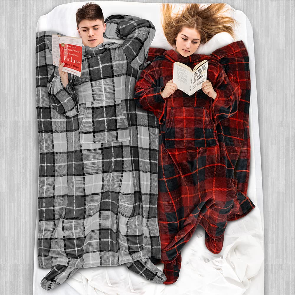 PAVILIA Fleece Blanket with Sleeves, Foot Pockets for Women Men Adults, Plush Wearable Blanket Throw Wrap, Warm Snuggle Blanket Robe, Cozy Gift Ideas Wife Mom, Plaid Red