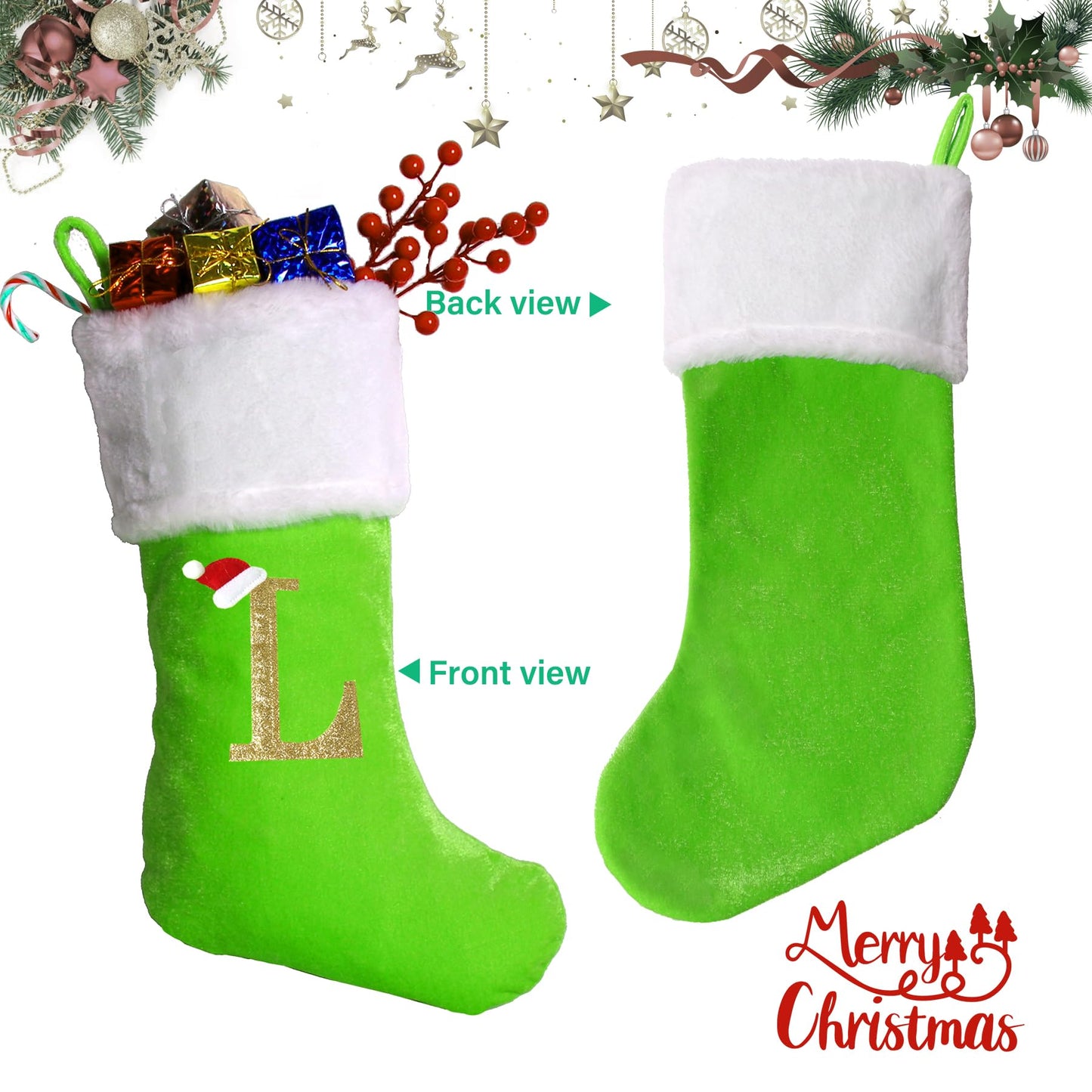 Sailup 20 Inches Monogram Christmas Stockings with Letters, Large Super Soft Christmas Stockings Green Velvet with White Super Soft Plush Cuff for Christmas Xmas Tree Holiday Fireplace Green