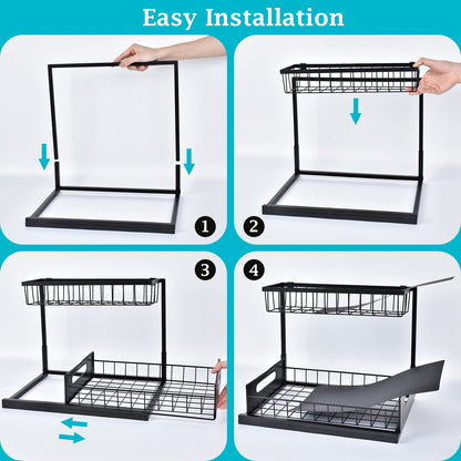 REALINN Under Sink Organizer, Pull Out Cabinet Organizer 2 Tier Slide Out Sink Shelf Cabinet Storage Shelves, Storage for Kitchen Bathroom, White, 2 Pack
