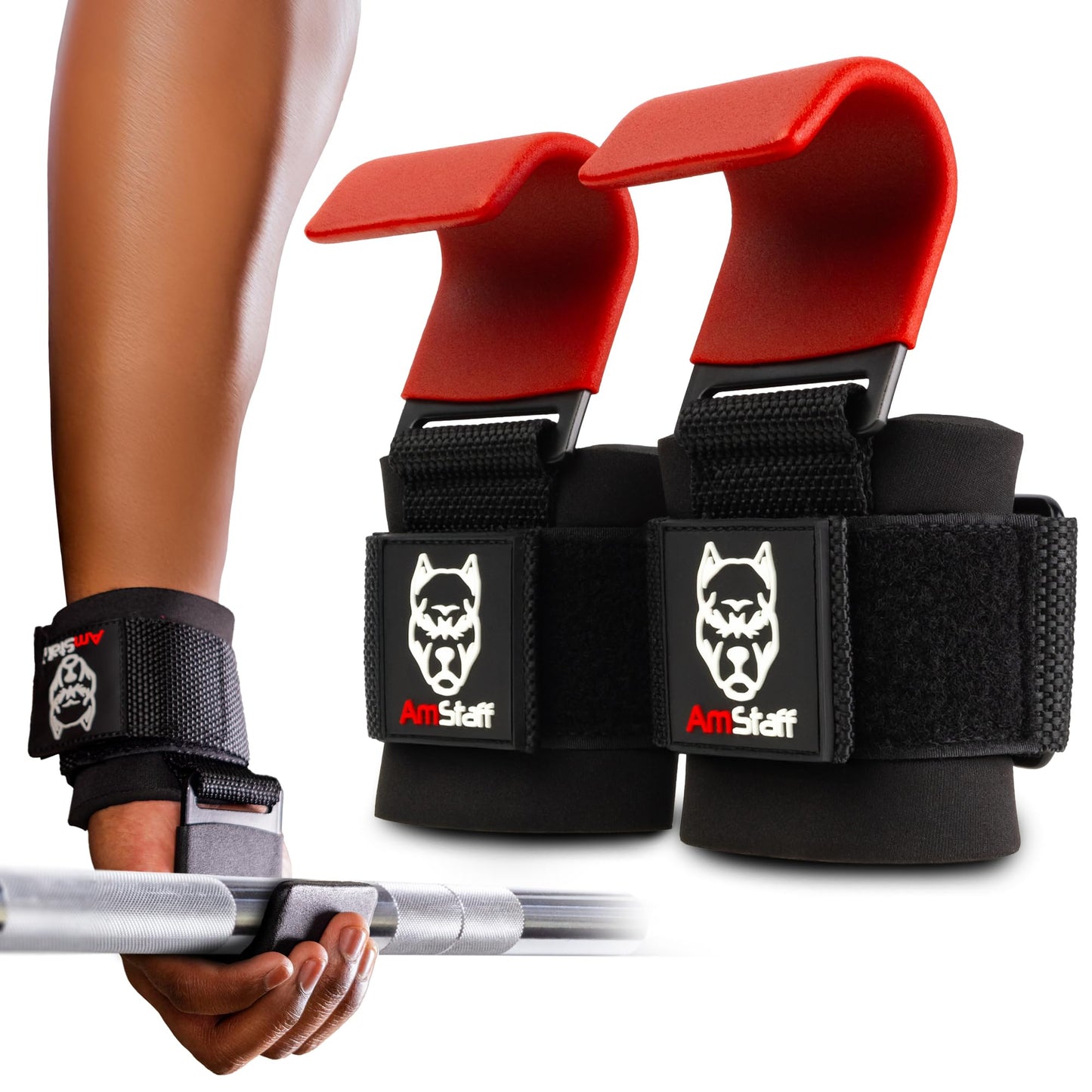 AmStaff Fitness Weight Lifting Hooks (Pair, Black) - Gym Wrist Straps with Steel Hooks for Weightlifting, Pull-Ups, Deadlifts, Strength Training, and Fitness Workouts - Adjustable Neoprene Wrist Support