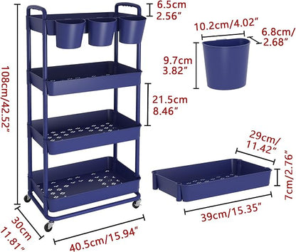 JIUYOTREE 4-Tier Plastic Rolling Storage Cart Utility Cart with Extra Hanging Cups Handles Lockable Wheels for Living Room Bathroom Kitchen Office Blue