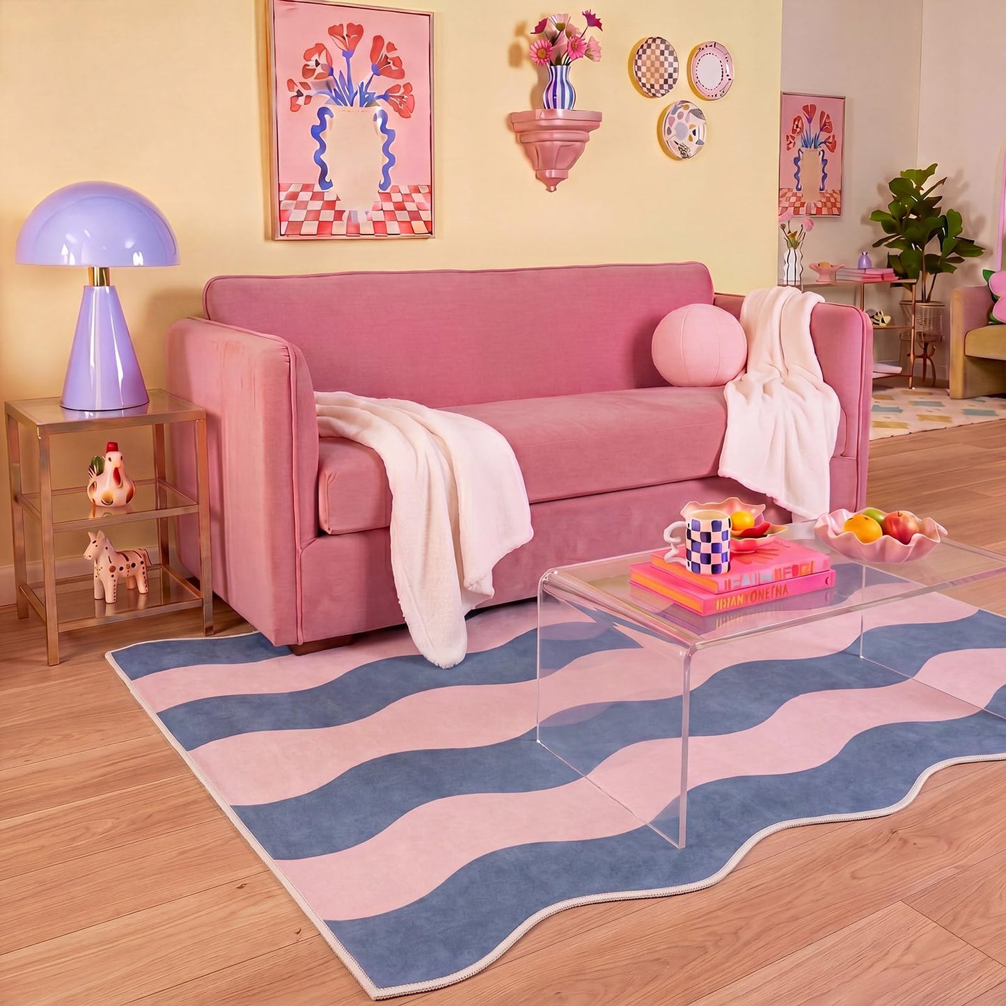 Nuanchu 5x7 ft Scalloped Area Rug, Funky Two-Tone Wave Striped Aesthetic Carpet, Non Slip Non Shedding Low Pile Machine Washable Geometric Floor Mat for Living Dining Room Bedroom Home Office