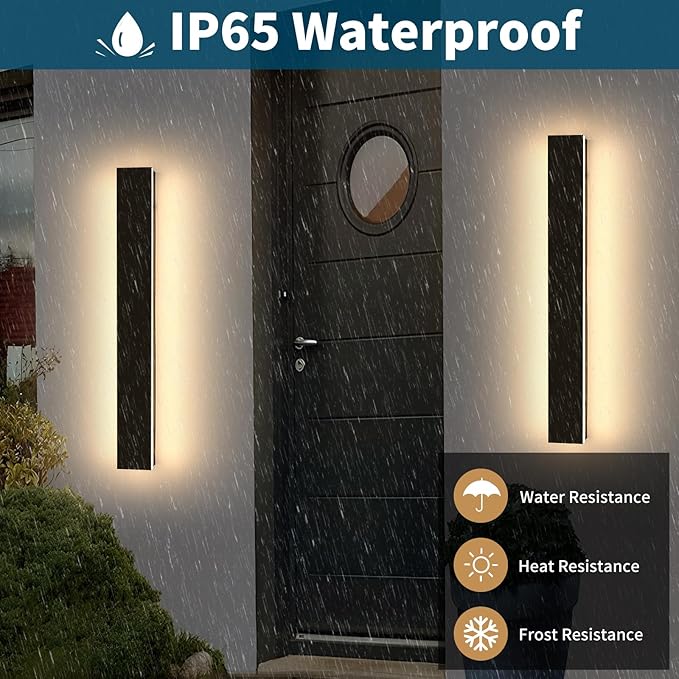 2 Pack 23.6inch Long Outdoor Led Wall Lights, IP65 Waterproof Black Outside Porch Lights, 3000K Warm White, 24W, Modern Exterior Wall Sconces Lighting for Garage, Patio, House, Garden
