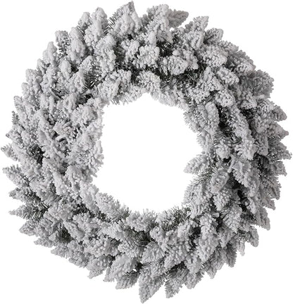 Glitzhome 24" D Pre-Lit Snow Flocked Christmas Wreath with Warm White LED Lights and Timer Artificial Decoration Wreath for Front Door Wall Window Indoor Outdoor Christmas Decorations