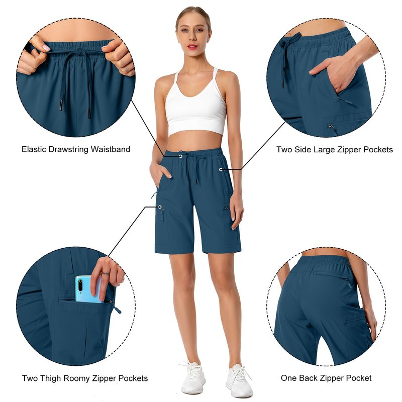 Hugut Women's Lightweight Hiking Cargo Shorts Quick Dry Athletic Shorts for Camping Travel Golf with Zipper Pockets Water Resistant Dusty Blue