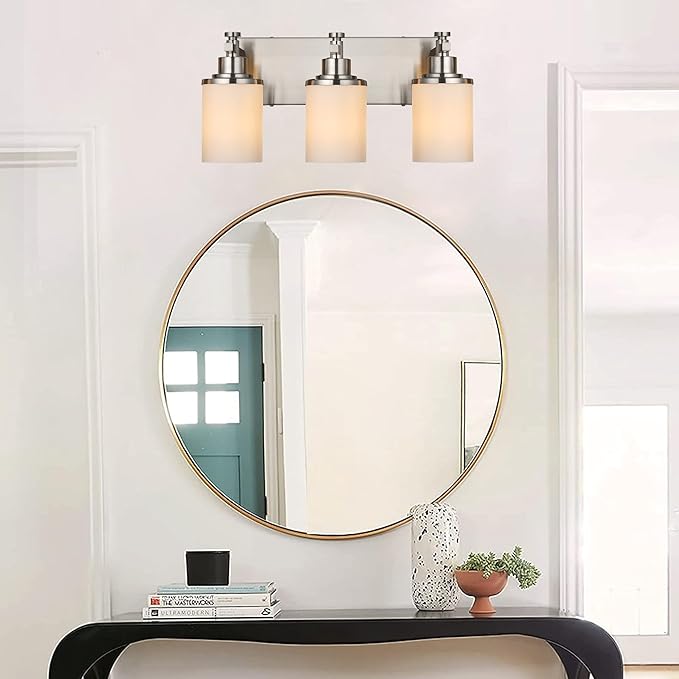 MELUCEE 3 Light Vanity Lights, Brushed Nickel Bathroom Light Fixtures with Milky White Glass Shade, Modern Wall Lights for Mirror Living Room Dressing Room Hallway, E26 Base