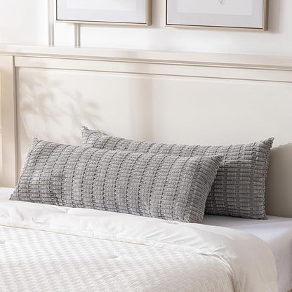 Fancy Homi Gray Long Lumbar Farmhouse Decorative Throw Pillow Covers 14x36 Inch for Bed Couch Bed Sofa, Rustic Boho Room Decor, Soft Striped Corduroy Rectangle Cushion Case 35x91 cm
