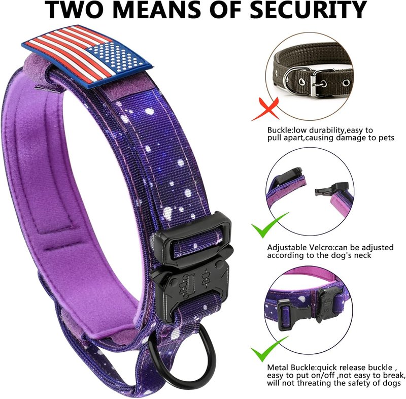 Tactical Dog Collar - Adjustable Military Nylon with Control Handle & Heavy Metal Buckle | Large Purple Sky
