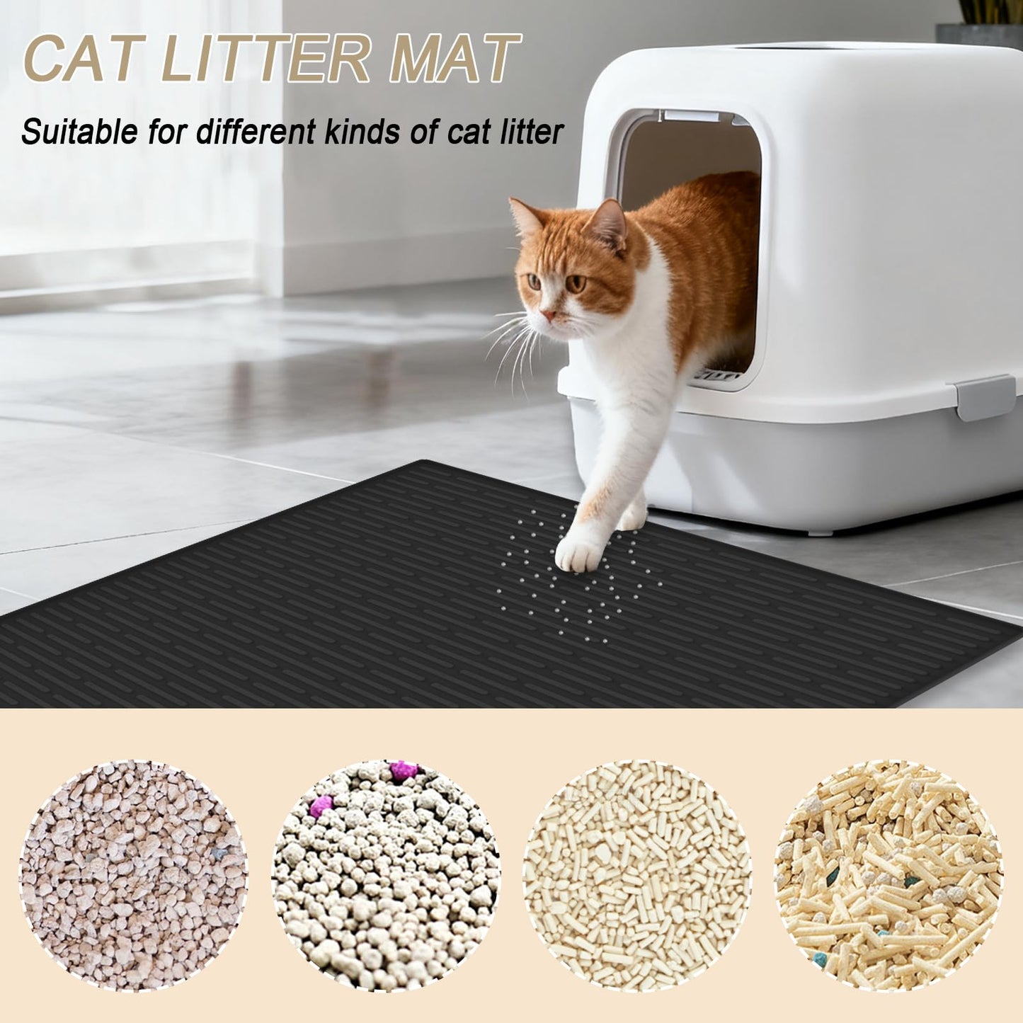 XXL Silicone Cat Litter Mat, 40"x30"(100cmx75cm) Extra Litter Box Mat for Floors, Non-Slip Litter Trapping Mat to Prevent Tracking, Easy to Clean Kitty Litter Catcher Mat, Durable, Black