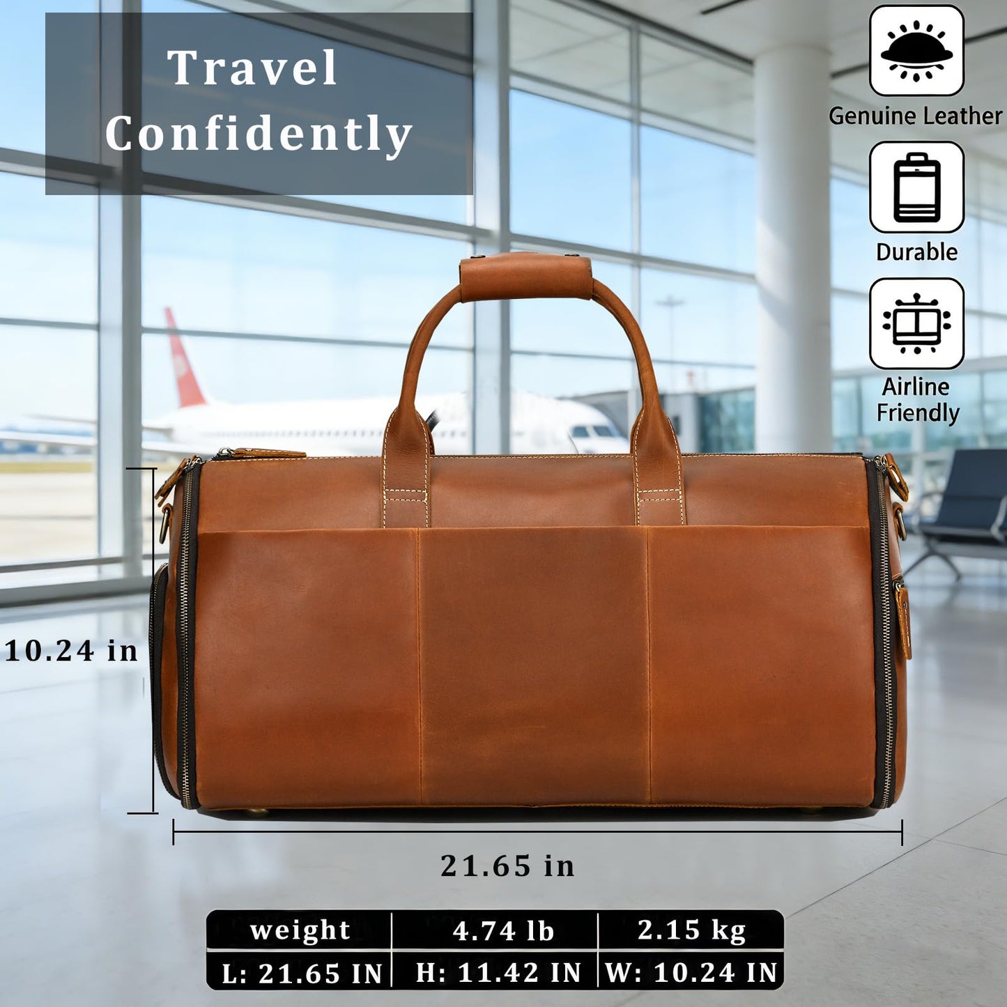 Men's Carry On Garment Bag, Convertible Garment Bag Full Grain Leather Duffle Bags with Shoe Pouch, 2 in 1 Hanging Suitcase Suit Travel Bags