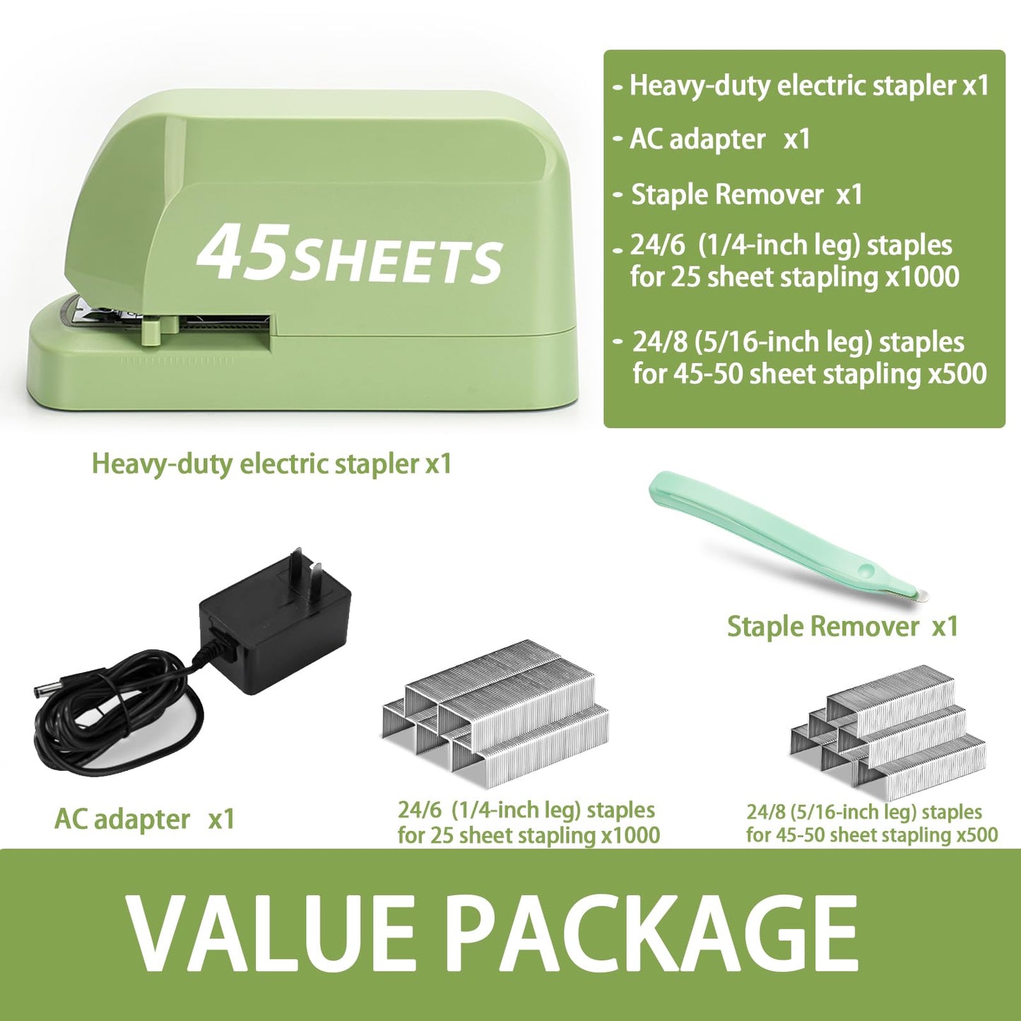 Heavy Duty Electric Stapler Value Pack, 45 Sheet Capacity, Includes 1500 Staples & Staple Remover, No-Jam, Faster Stapling, Automatic Stapler Desktop,AC Adapter Powered (Saga Green)