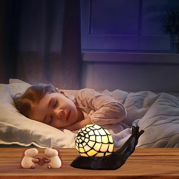 Tiffany Style Pink Snail Accent Table Lamp Handmade Stained Glass Shade Night Light for Kids with 3 Color Temperatures LED Bulb - Ideal Gift for Home Decor(8" D x 5." W x 5." H)