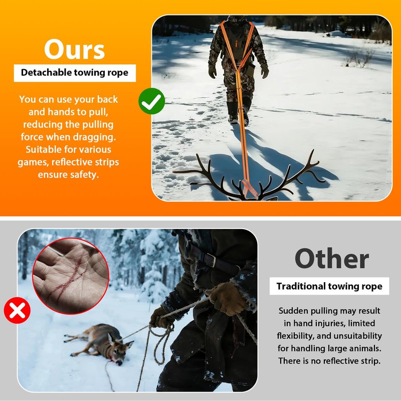 Vecacosic Deer Drag Strap And Harness Heavy Duty Safety Reflective Orange Deer Dragging Rope with Widen and Extended Shoulder Pads, Hunting Accessories Gift for Hunters, 500lbs Load Capacity