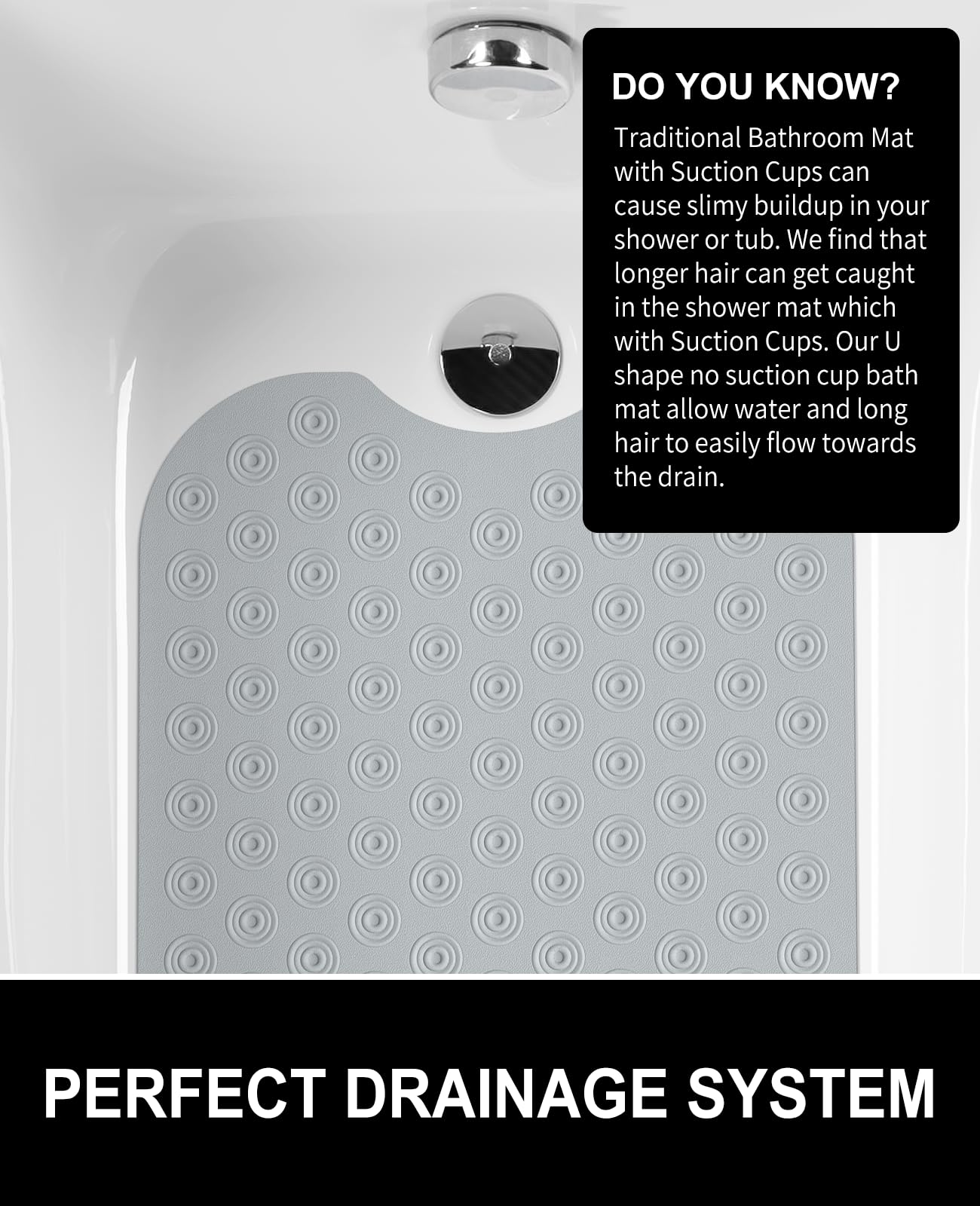 OTHWAY No Suction Cup Bath Mat: 39x16 inch Extra Long Bathmat│Perfect for Ordinary or Refinished Bath Tubs │Made of Nature Rubber│Protect Your Bathtub (Grey)