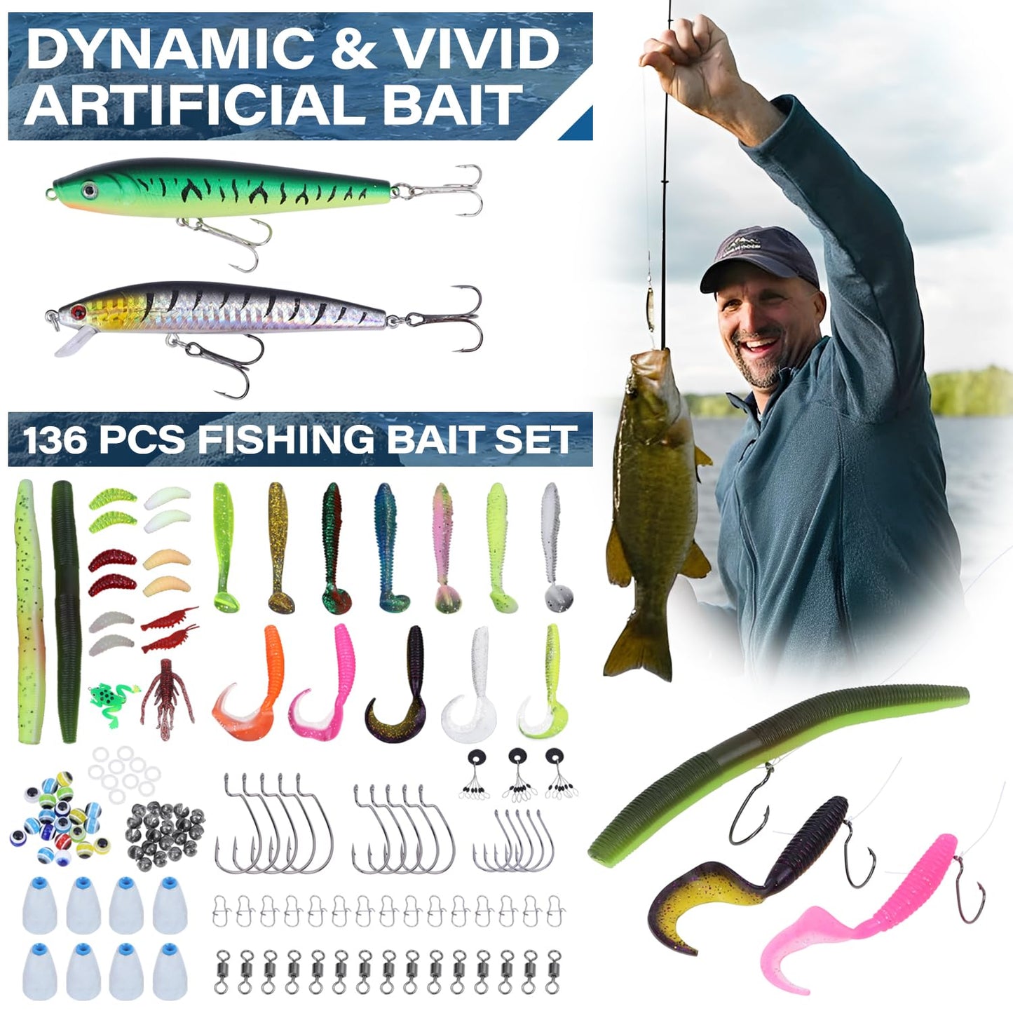 Fishing Backpack with Tackle Boxes,Waterproof Fishing Shoulder Bag for Fishing Gear,Fish Bag with 136 Pcs Fishing Lures Kit,Fish Hook Remover Tool,Fish Lip Gripper,Fishing Plier,Gifts for Men (Black)