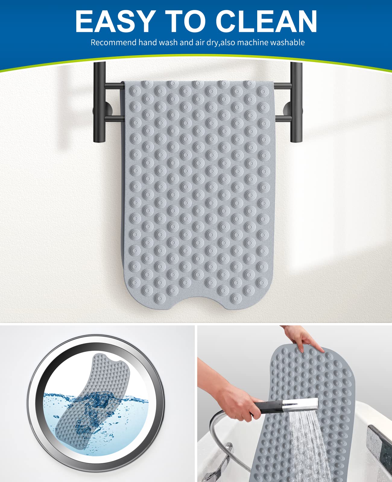 Bligli Bathtub Mat Non-Slip Without Suction Cups, 39x16inch Extra Long Bath Mats for Shower Bathroom, Machine Washable Natural Rubber Shower Tub Mat (39x16inch, Gray)