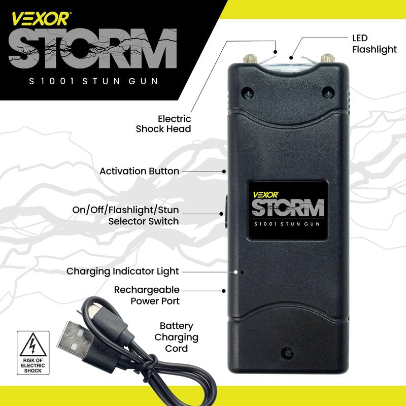 Vexor Storm Mini S1001 Personal Safety Device - Compact Rechargeable with LED Light - USB Charging - Pocket Size - Safety Lock - Includes Training Guide, Steel Gray