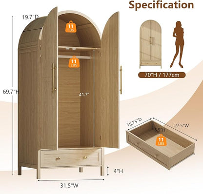 VINGLI Arched Wardrobe Closet Armoire with Drawer, 70" Tall Wooden Wardrobe Closet,Clothing Storage Cabinet, Large Capacity Storage, Natural Oak
