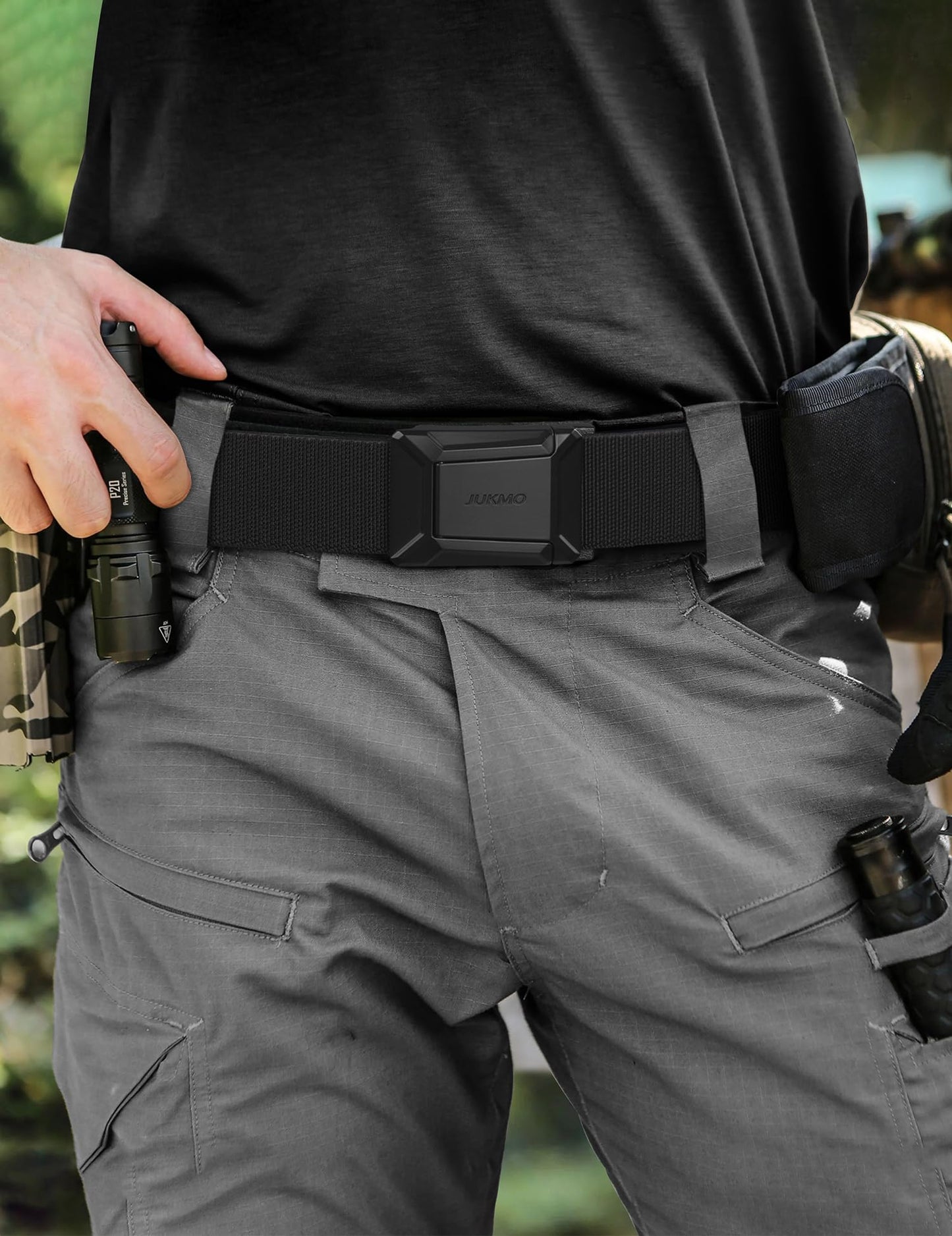 JUKMO Stretch Tactical Belt for Men, Military Work Rigger Hiking 1.5" Elastic Nylon Web Ratchet Quick Release Belt in Gift Box (Black, Small)