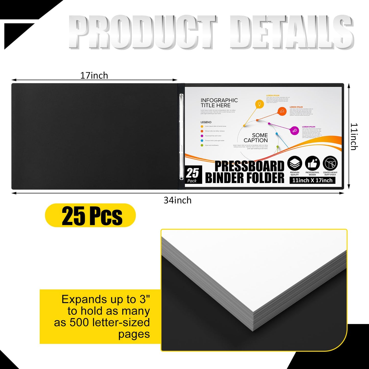 Resurhang 25 Pcs 11x17 Inch Pressboard Report Cover, 3" Capacity Presentation Binder Folder with Metal Prong Paper Fastener to Neatly Bind Reports Proposals Transcripts, Other Documents (Black)