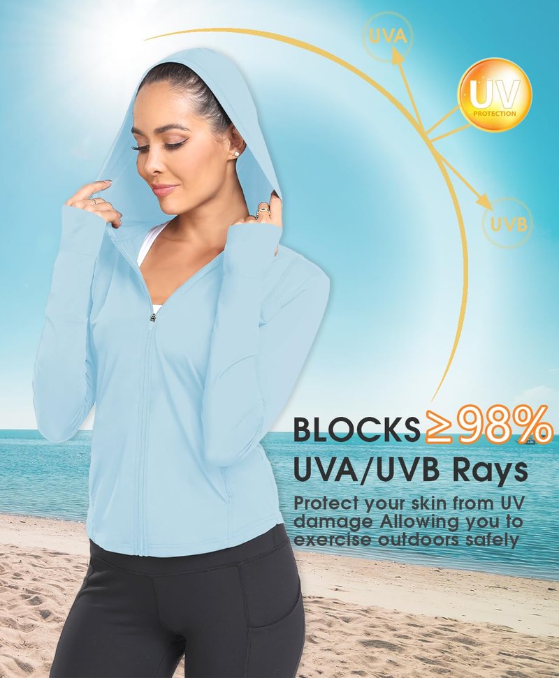 Women's UPF 50+ Zip Up Hoodie Light Weight UV Jacket Sun Protection Workout Long Sleeve Athletic Jackets HH2302 Blue M