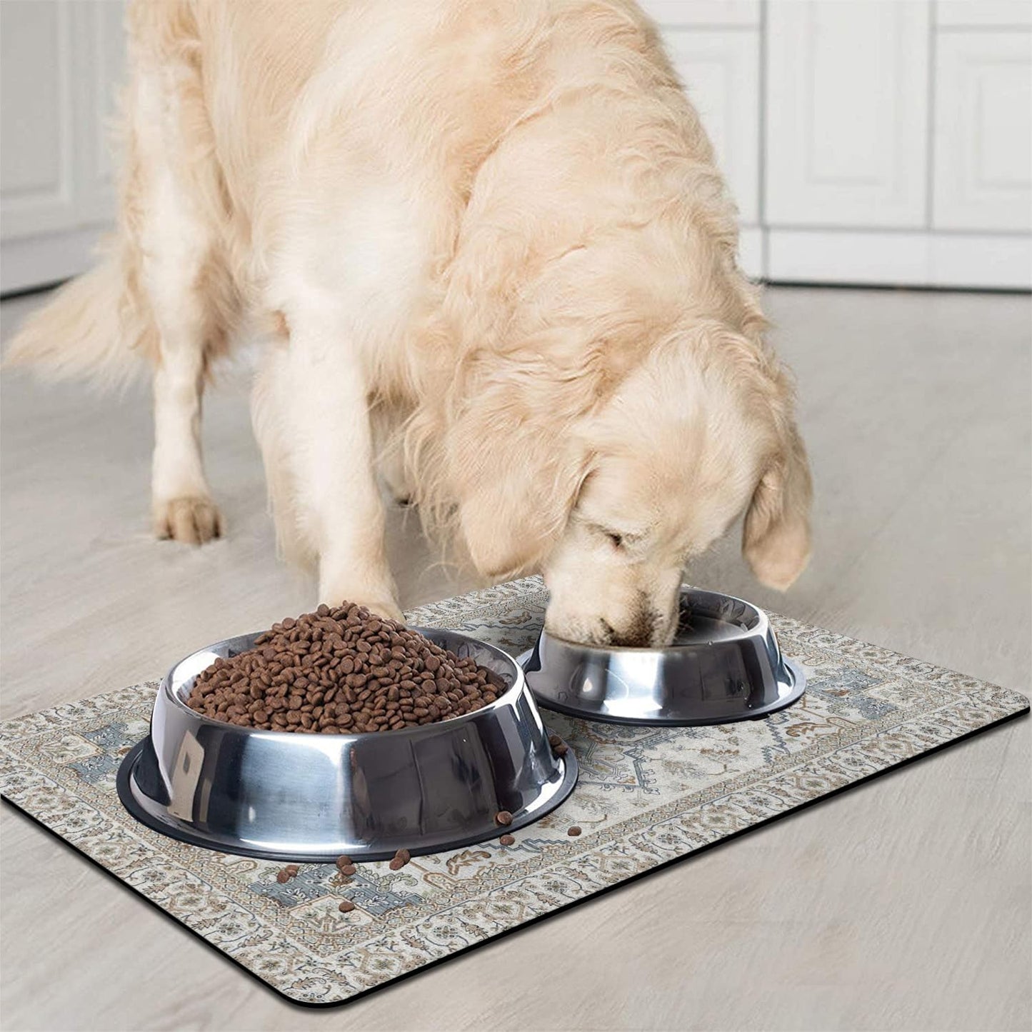 Dog Food Mats for Floors, Absorbent and Quick-Drying Pet Cat Food Mat,Anti-Fouling and Easy-to-Clean Pet Feeding Mat,Dog Bowl Mat for Messy Drinking Water Bowls.12 x20, Bohemia Style