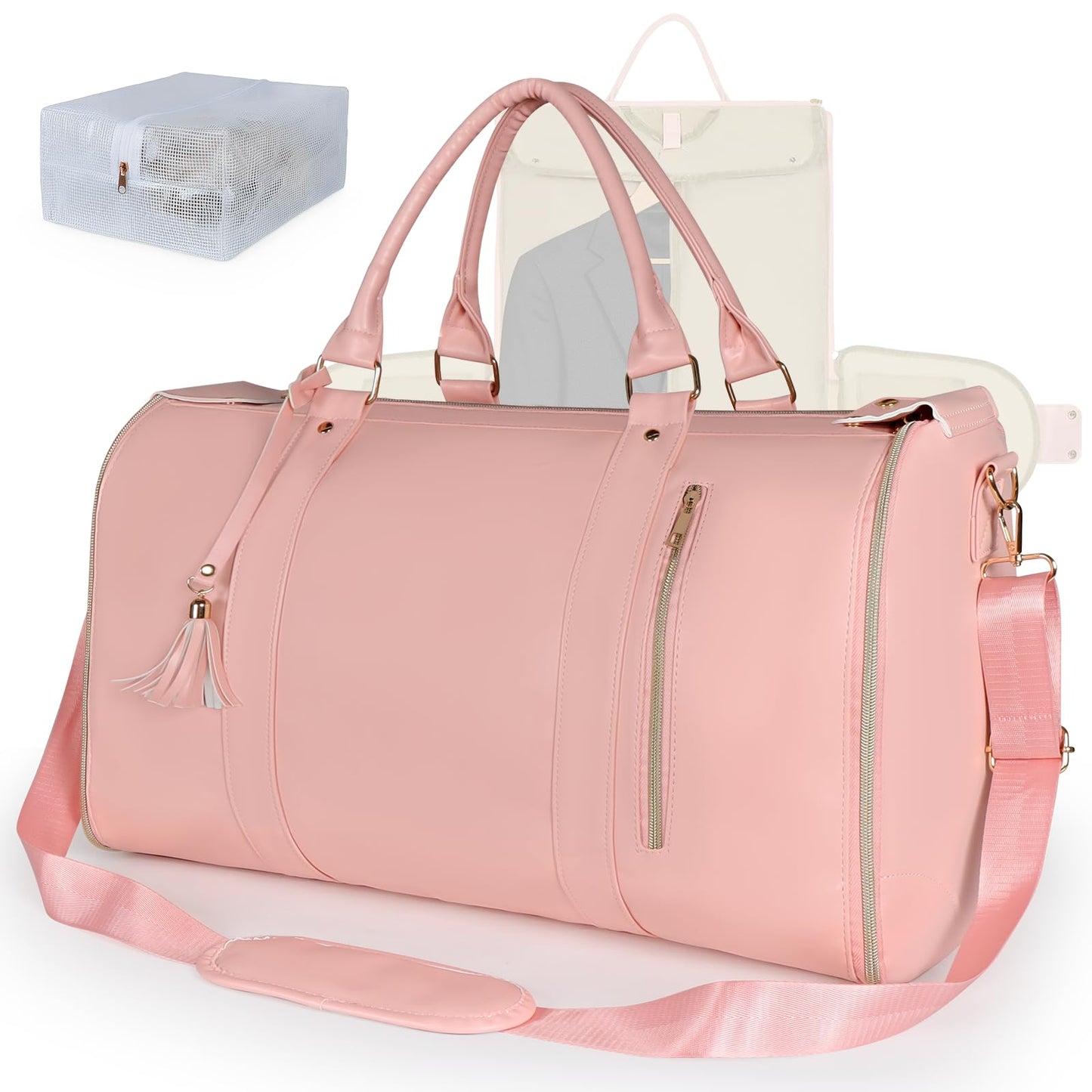 Convertible Garment Duffle Bag for Travel, Carry On Garment Bag with Shoe Pouch, PU Leather, 2 in 1 Hanging Suit Travel Bags Large Weekender Overnight Bags for Women Men (Pink)