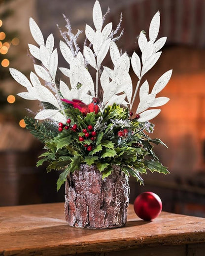 DILATATA 6Pcs Christmas Glitter Leaves Bay Leaves Spray 24" Artificial White Bay Leaf Picks Sprays Giltter Stems for Halloween Centerpiece Christmas Home Decor Home Decor - White