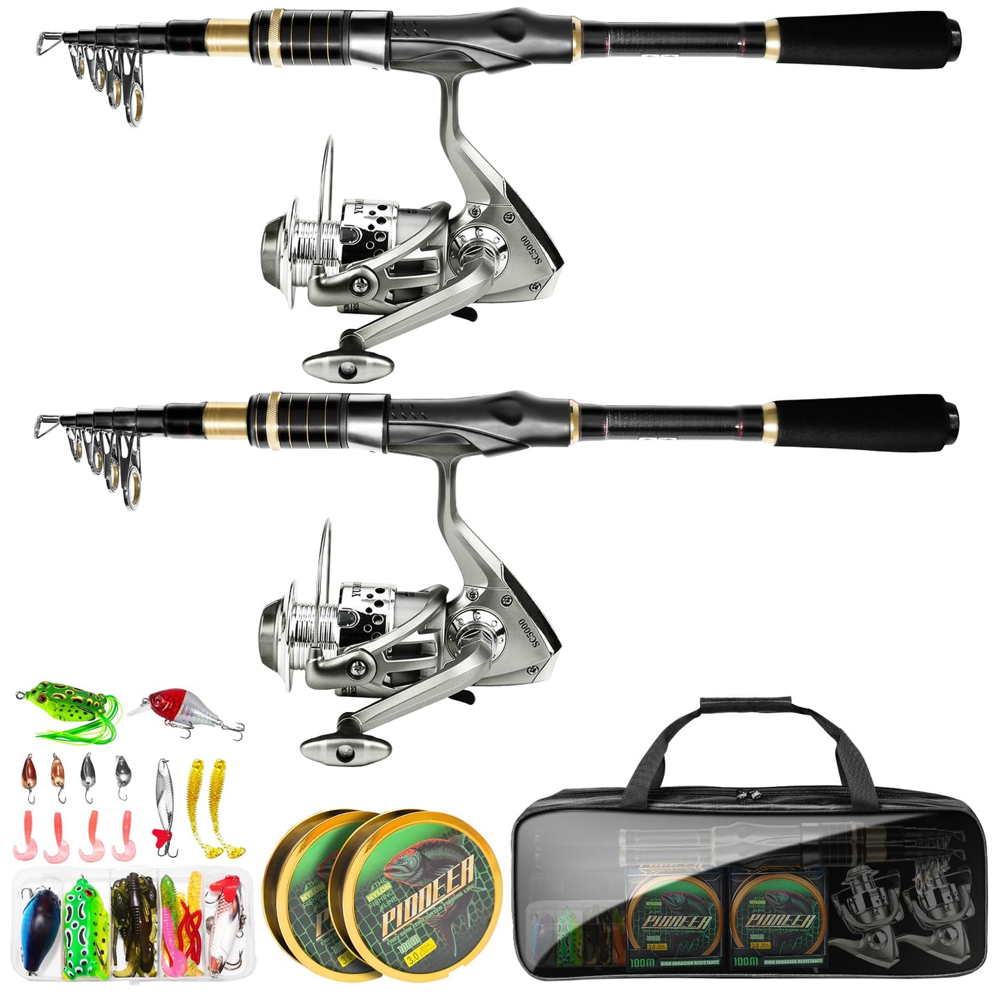 Telescopic Fishing Rod Combo - 2PCS 6.9FT Collapsible Carbon Fiber Pole Set, Spinning Reel Lures Lines Kits with Carrier Bag for Travel Saltwater Freshwater Fishing Gifts for Adults Beginer