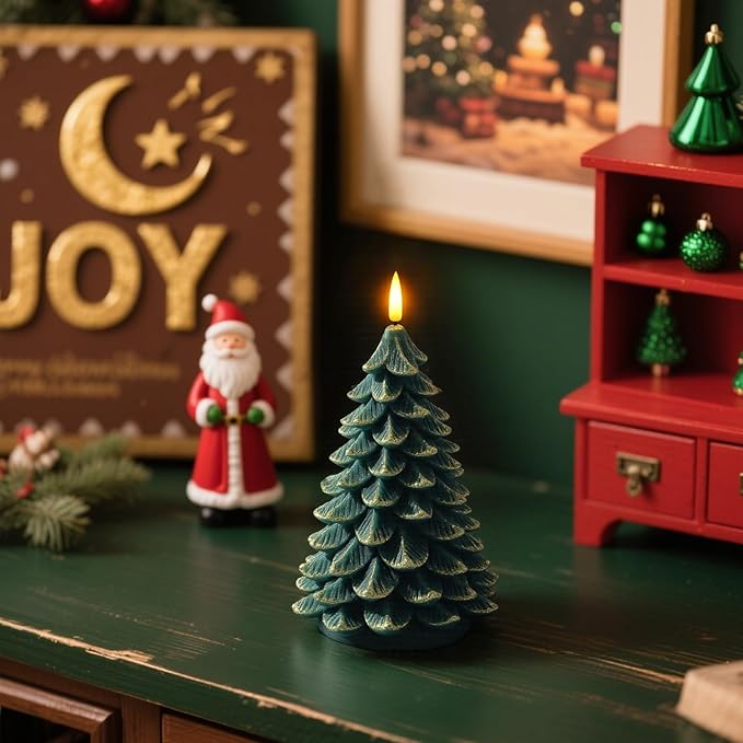 Christmas Decorations Indoor, Christmas Decor - Christmas Tree Candles Battery Operated, Flameless LED Candle Lights with 6H Timer, Xmas Home Decor, Set of 2(Green&Gold)