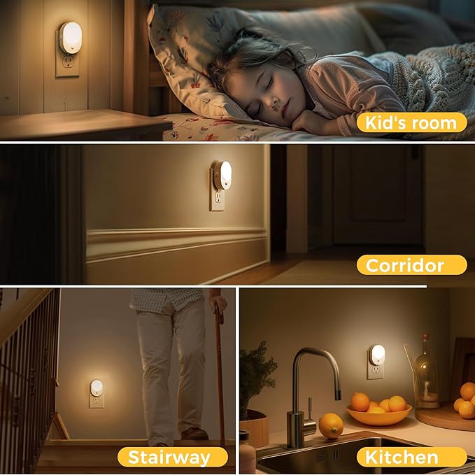 L LOHAS LED Plug in Night Light with Motion Sensor and Dusk to Dawn Sensor,[4-PACK] Night Lights Plug into Wall,3000K Soft White,30/60/100LM Dimmable Nightlight for Bathroom Hallway Kitchen