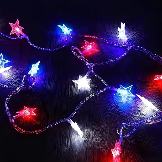 ITICdecor 4th of July Decor Red White Blue Stars String Lights, 15 FT 30 LED Fairy Lights Battery Operated Indoor&Outdoor Star Lights for Independence Day President Day Memorial Day