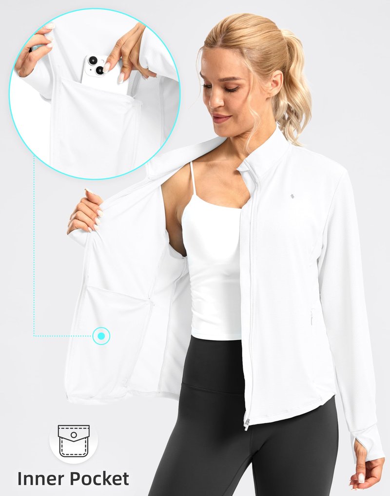 Soothfeel Women's UPF 50+ Lightweight Athletic Jackets Sun Protection Zip Up Long Sleeve Shirts Hiking Workout Outdoor Pocket, White, XS