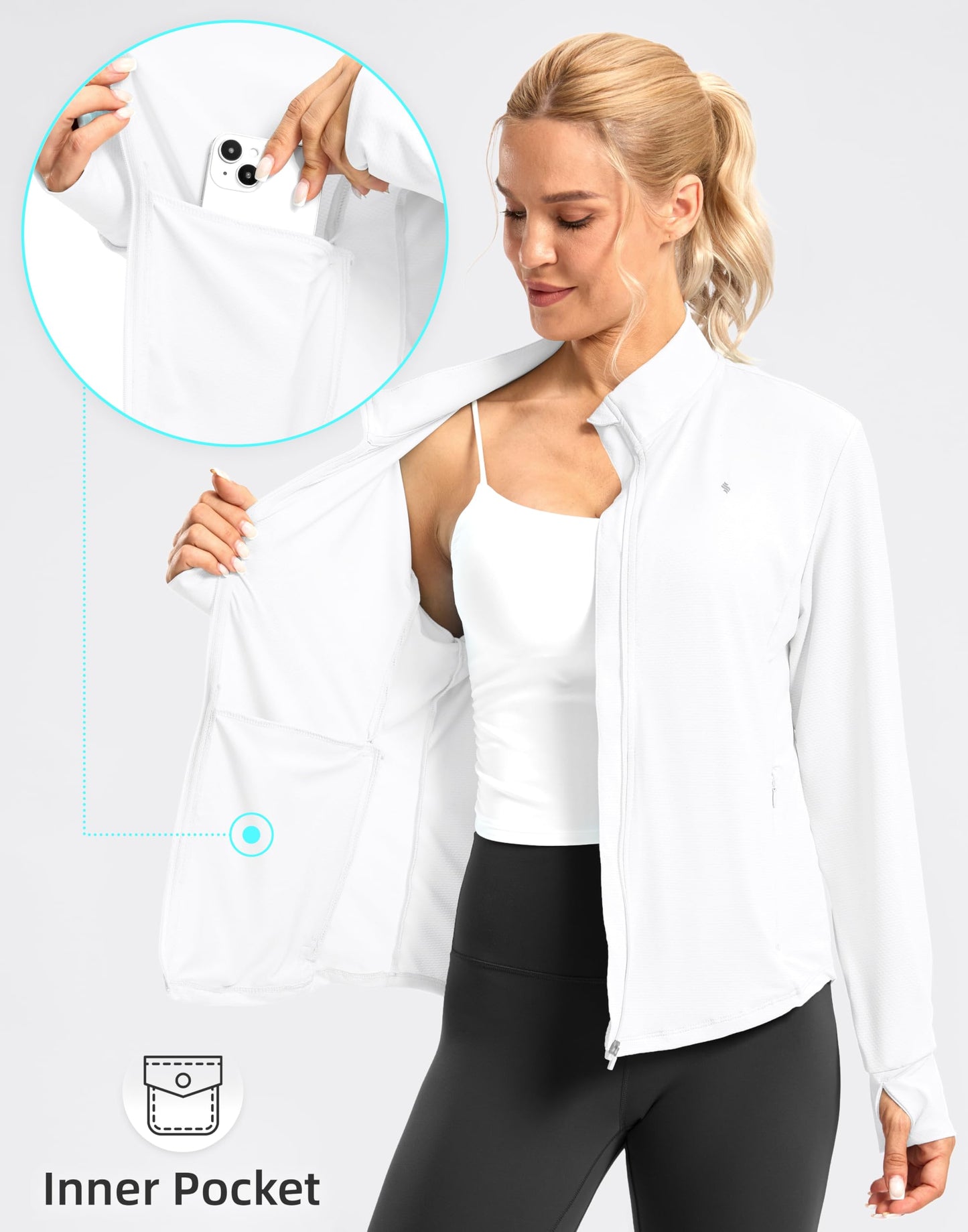 Soothfeel Women's UPF 50+ Lightweight Athletic Jackets Sun Protection Zip Up Long Sleeve Shirts Hiking Workout Outdoor Pocket, White, M
