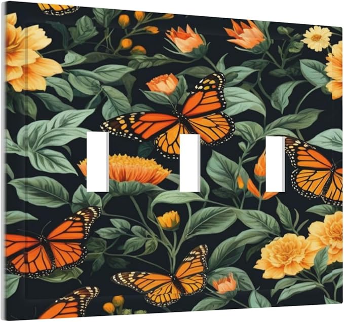 Butterflies Flower Garden Light Switch Covers 3 Gang Triple Toggle Wall Plate Decorative Switchplate Electrical Faceplate for Farmhouse Living Decor