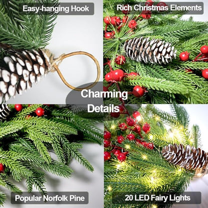 2025 Upgraded 26inch Christmas Swag with Lights Lush Norfolk Pine Teardrop Swags Christmas Wreaths with Lights Greenery Stairway Swags Staircase Decorations for Door Indoor Outdoor Home Hanging Décor