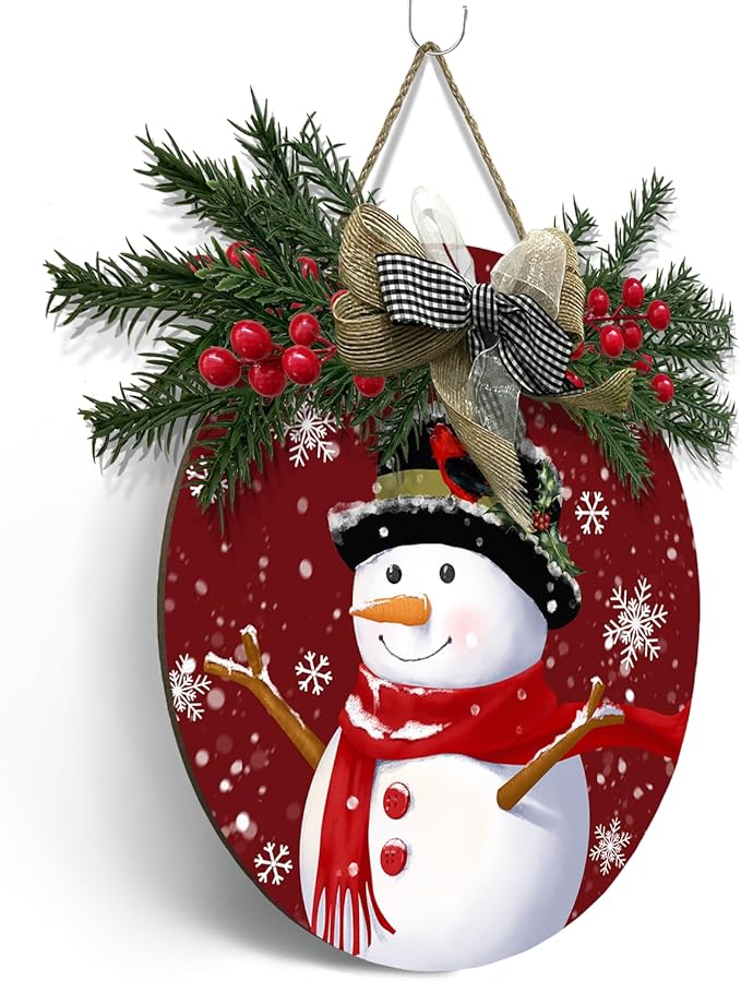 Snowman Door Sign Winter Cardinal Bird Poinsettia Hanging Sign with Wreath and Bow Xmas Snowflake Pines Holly Berry Round Wooden Front Door Sign for Seasonal Farmhouse Decor 12x12 Inch