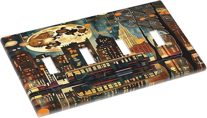 City Light Moon Bus Abstract Art Light Switch Covers Quad Toggle 4 Gang Wall Plate Decorative Switchplate Electrical Faceplate for Farmhouse Bathroom Living Decor