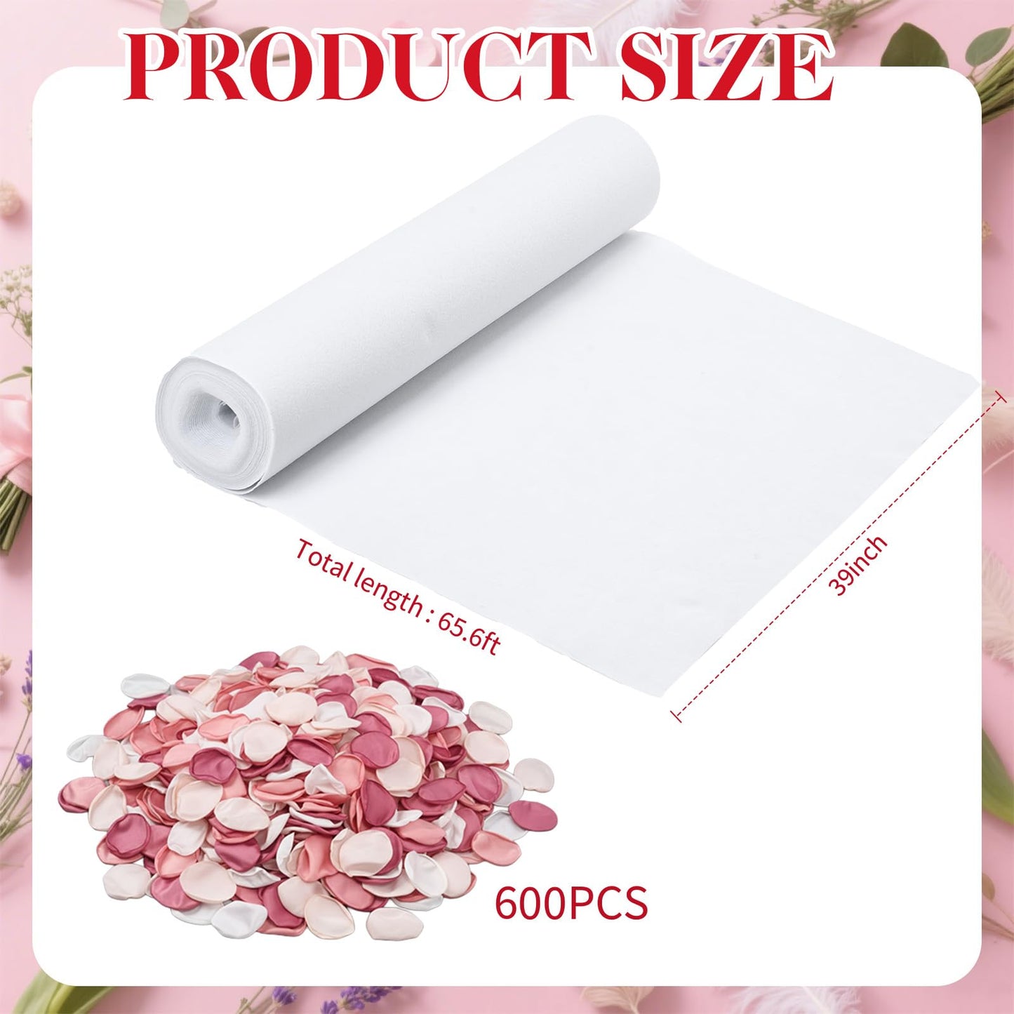 Boao 600 Pcs Silk Rose Petals with 3.3 x 65.6 ft White Carpet Floor Runner Artificial Pink Rose Petals and White Aisle Runner Carpet Rug for Wedding Christmas Anniversary Party Decorations
